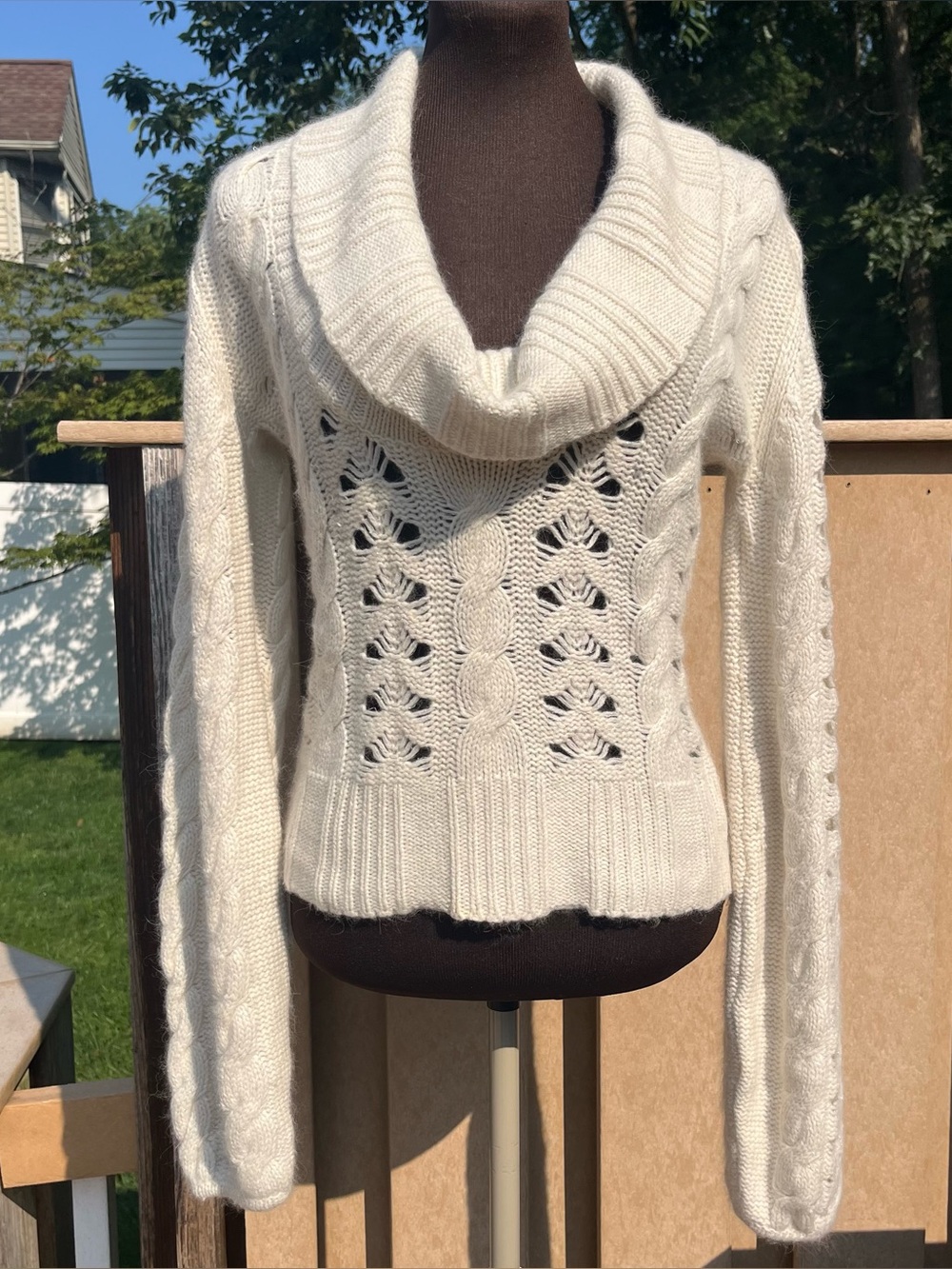 Arden B Y2K Wool Angora Cream Metallic Pointelle Knit Cowl Neck Sweater Size M